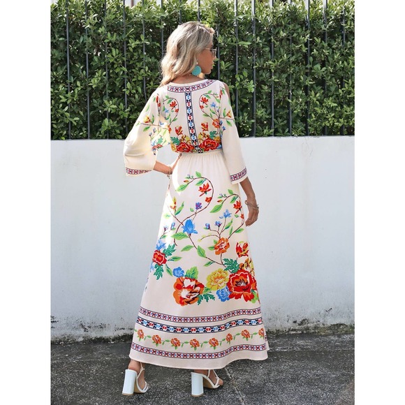 boho Floral Print Cold Shoulder maxi Dress cream - Picture 2 of 12